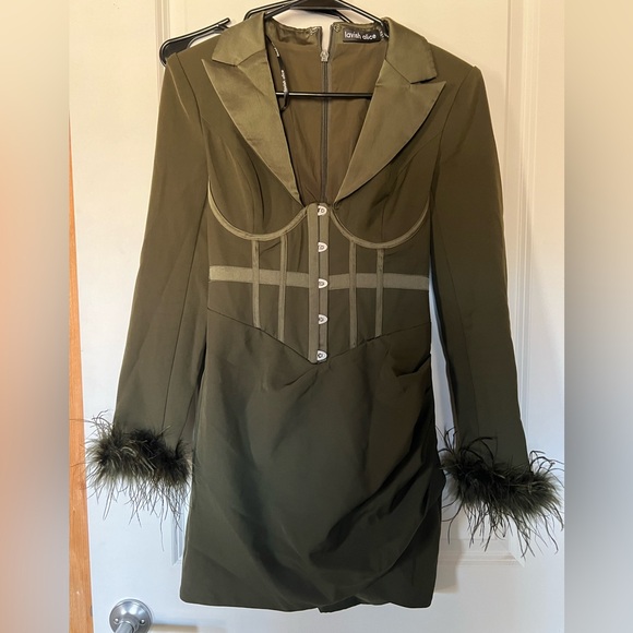 Lavish Alice Corset Mini Dress Feather Trim in Khaki - Picture 6 of 9